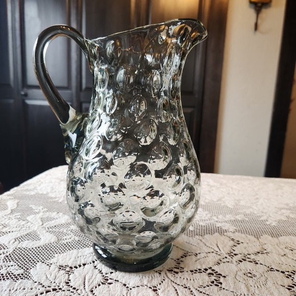 Grey Hand-Blown Glass Pitcher Thumbprint, Coin dot pattern - Picture 4 of 5